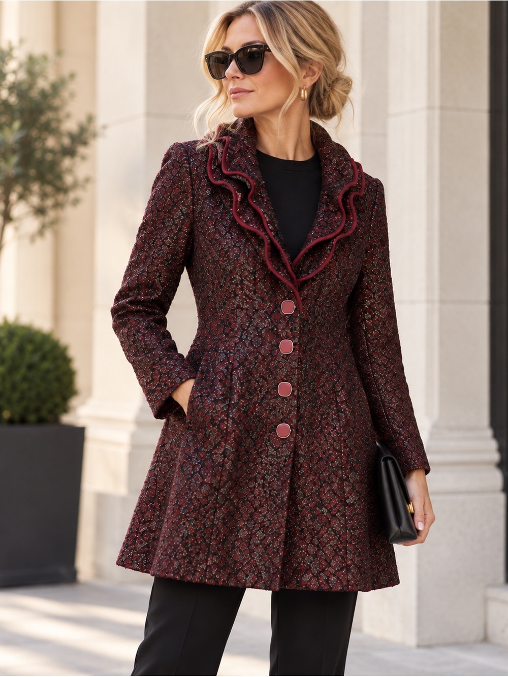 Frank Lyman Burgundy Black Ruffle Collar Statement Jacket Size 12